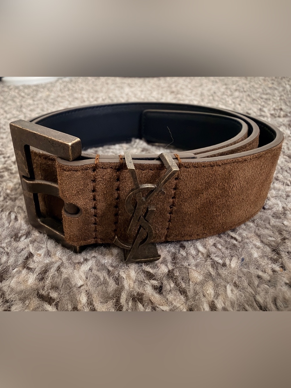 Authentic YSL Logo Brown Suede Leather Belt Size 75 CM